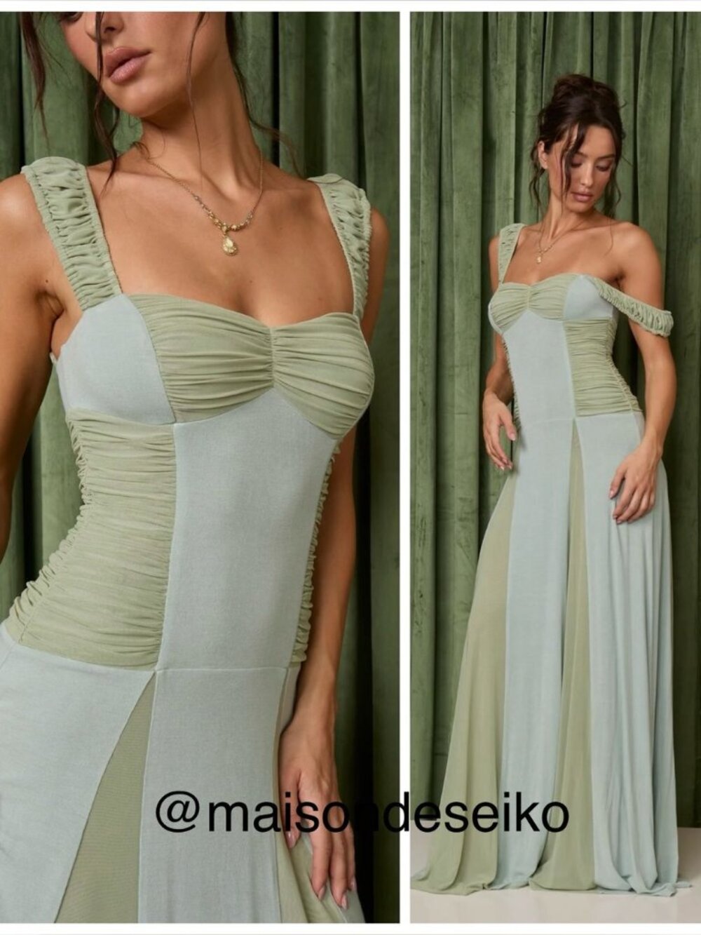 NWT Fait Par Foutch Maxi Dress Sage Green Blue Landon Mesh Wedding Guest size S